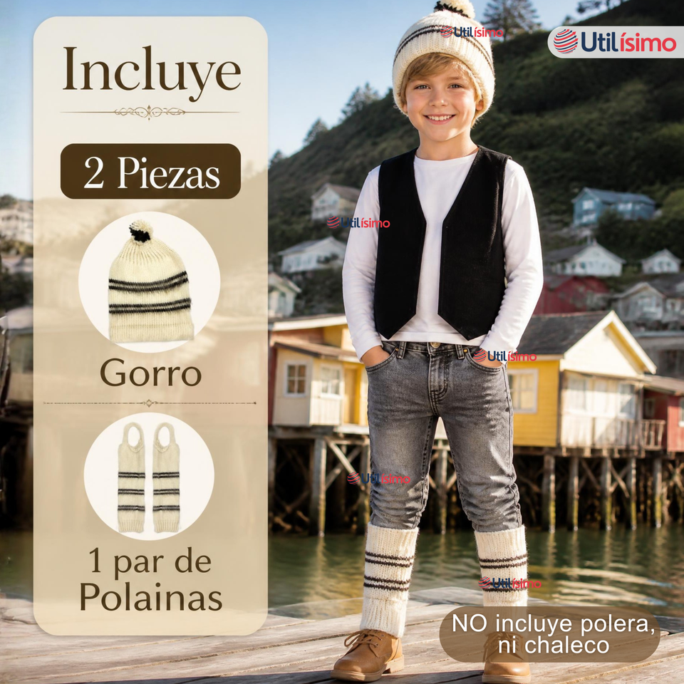 Set Chilote De Gorro Polainas Tipico Niño Fiestas Patrias