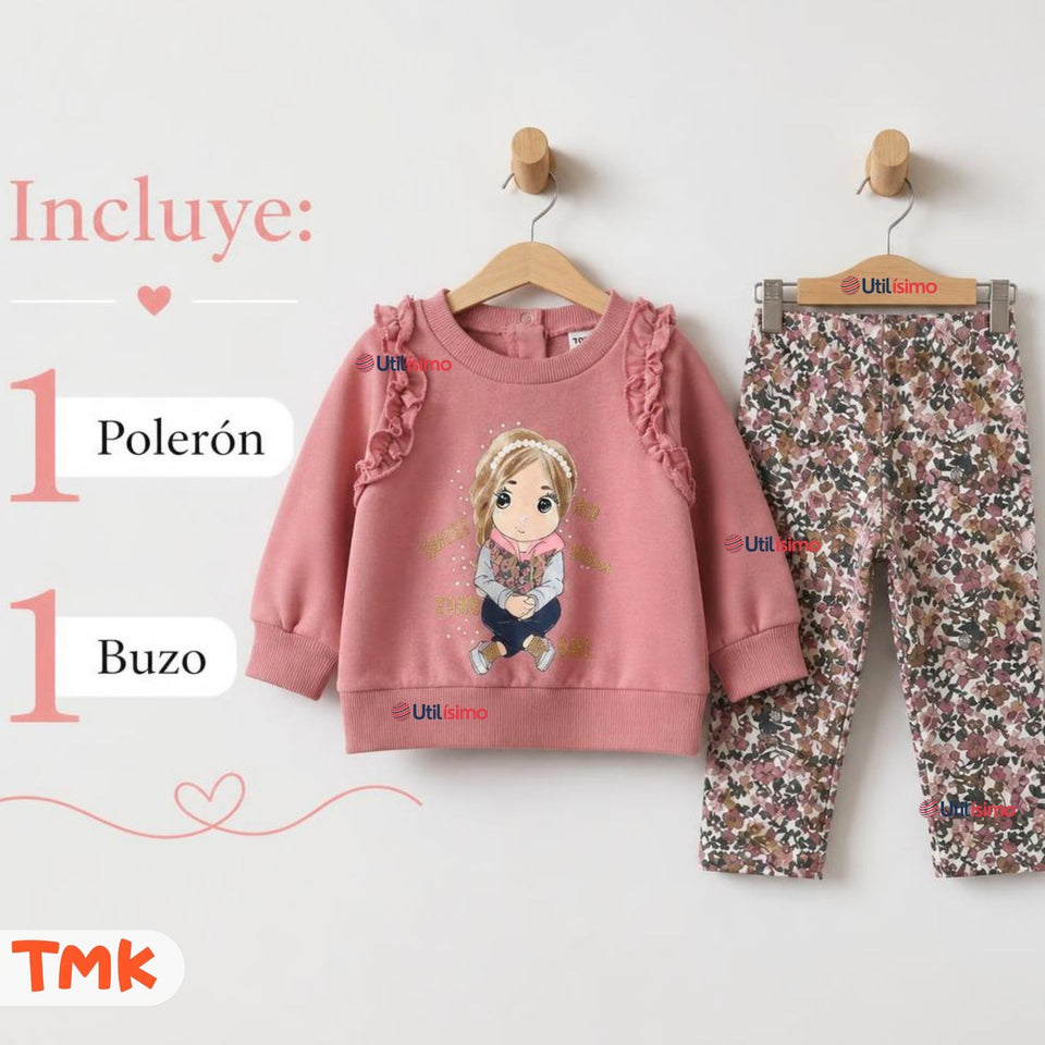 Conjunto 2 Piezas Polerón y Pantalón Buzo 100% Algodón Bebé Niña Tedmimak sweet girl