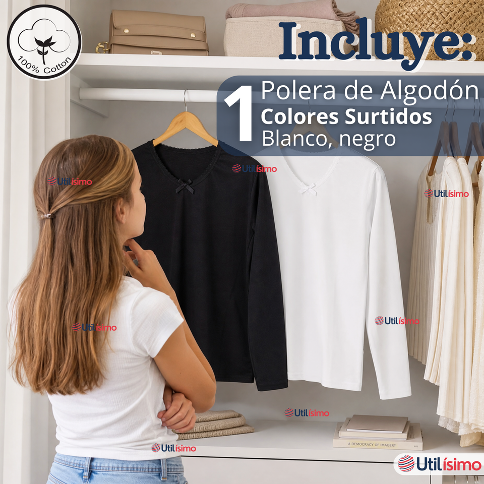 Camiseta Polera Algodón Básica Cuello Redondo Primera Capa Manga Larga Colores Surtidos Negro Blanco Niña