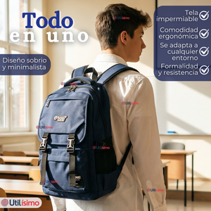 Mochila Escolar Azul Broches Impermeable Poliéster 48cm Niño