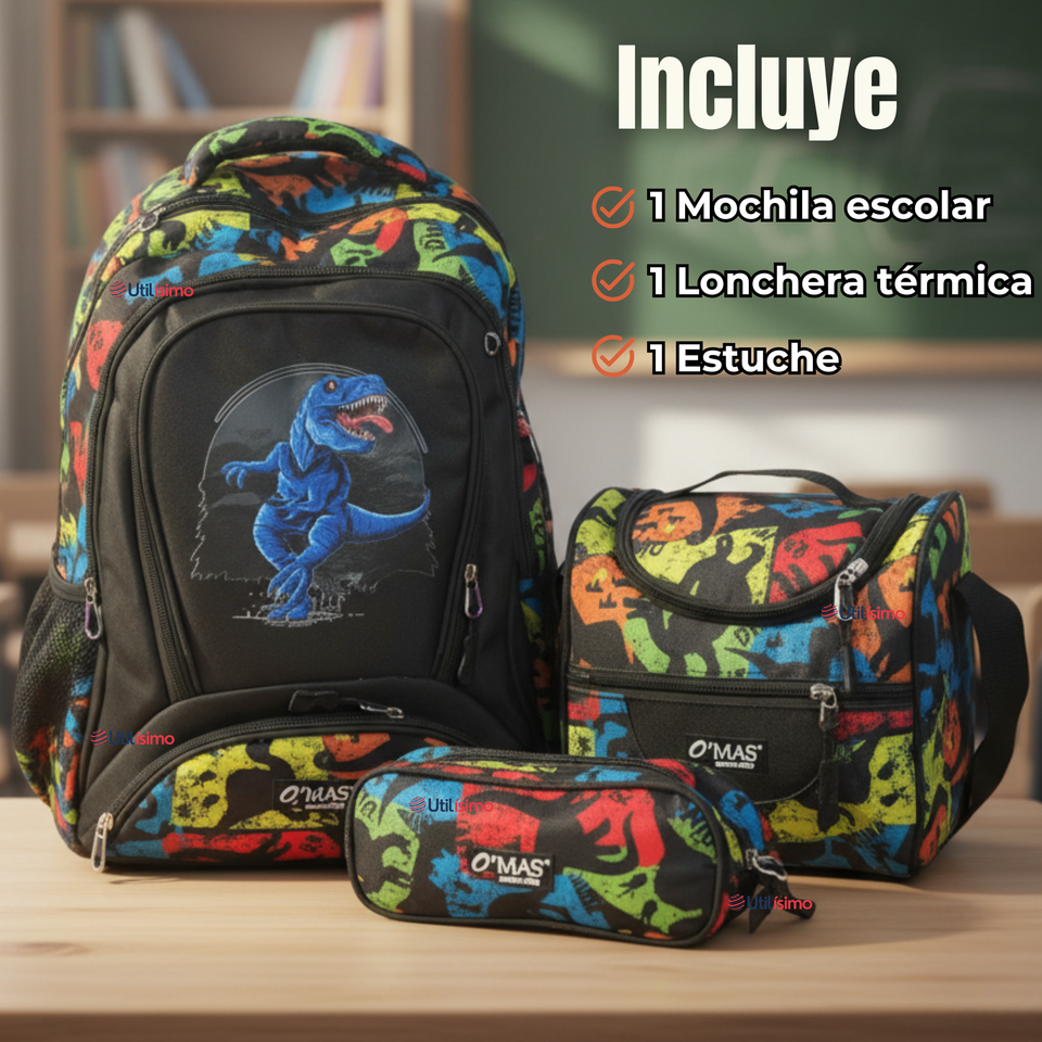 Mochila Escolar Kit Con Estuche y Lonchera 43cm Tela Oxford Dino Niño