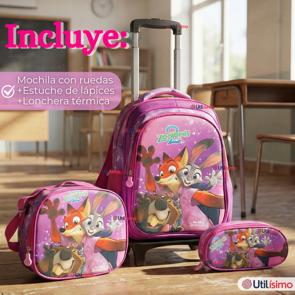 Mochila Escolar Con Ruedas + Estuche + Lonchera 46cm Desmontable Poliéster Fucsia Zootopia Niña