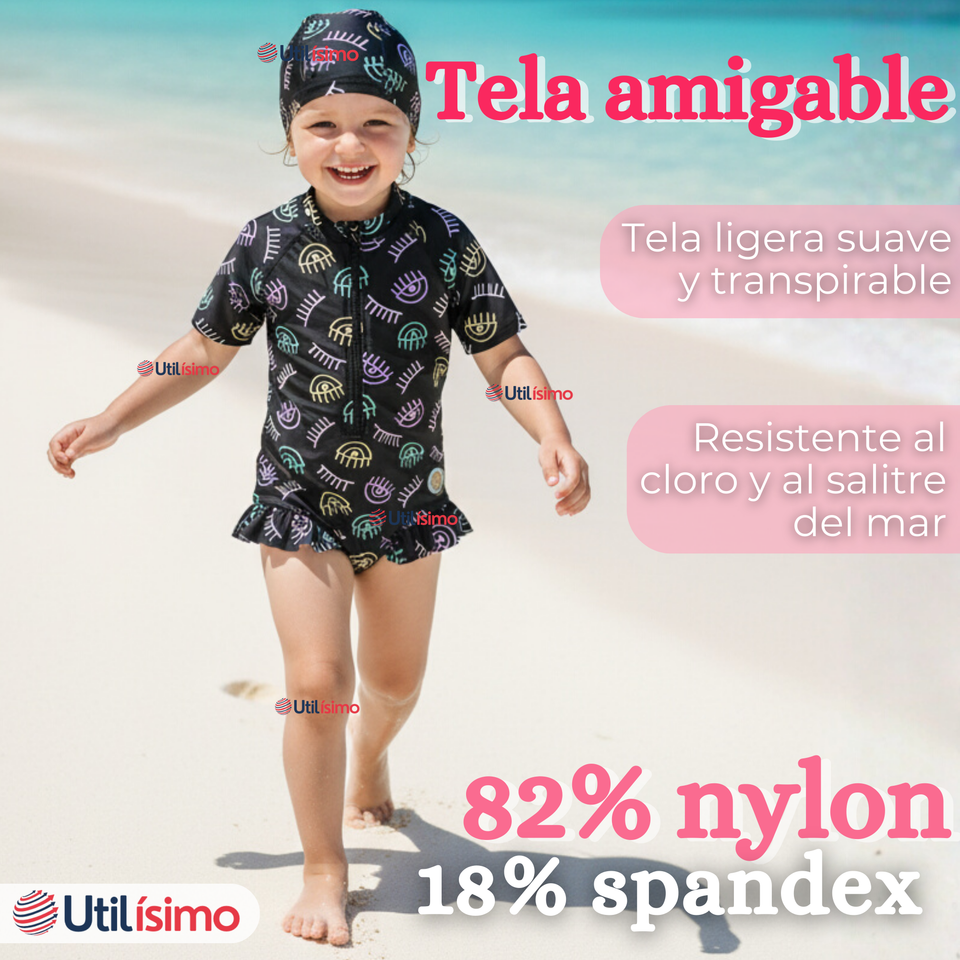Traje de Baño Enterito Cremallera Manga Larga Con Gorro Niña 1 a 6 años Black