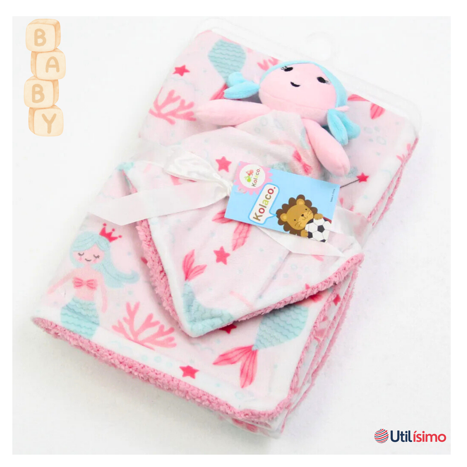Set Manta Frazada Polar Para Bebé Niña + Peluche de Apego