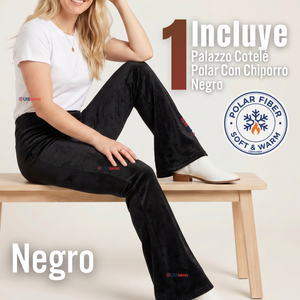 Pantalón Cotelé Palazzo Polar Con Chiporro Elasticado Térmico Negro