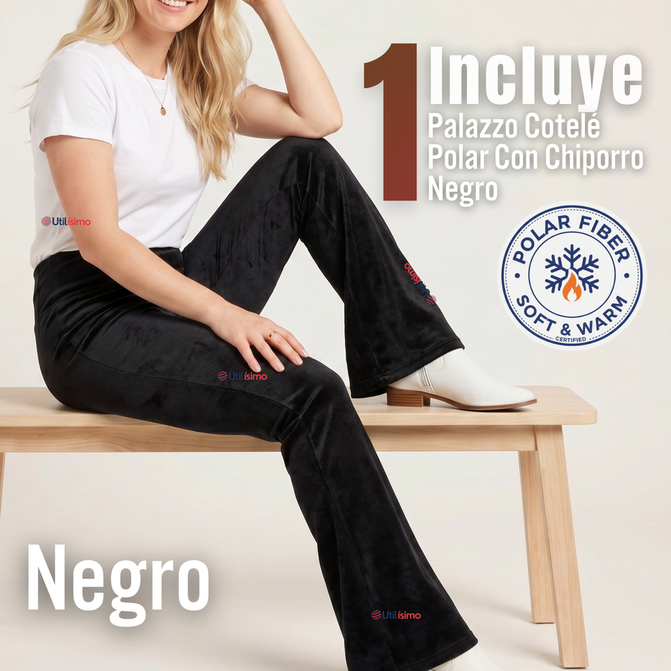 Pantalón Cotelé Palazzo Polar Con Chiporro Elasticado Térmico Negro