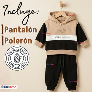 Conjunto 2 Piezas Buzo Pantalón Y Polerón Con Capucha Negro Bebé Niño