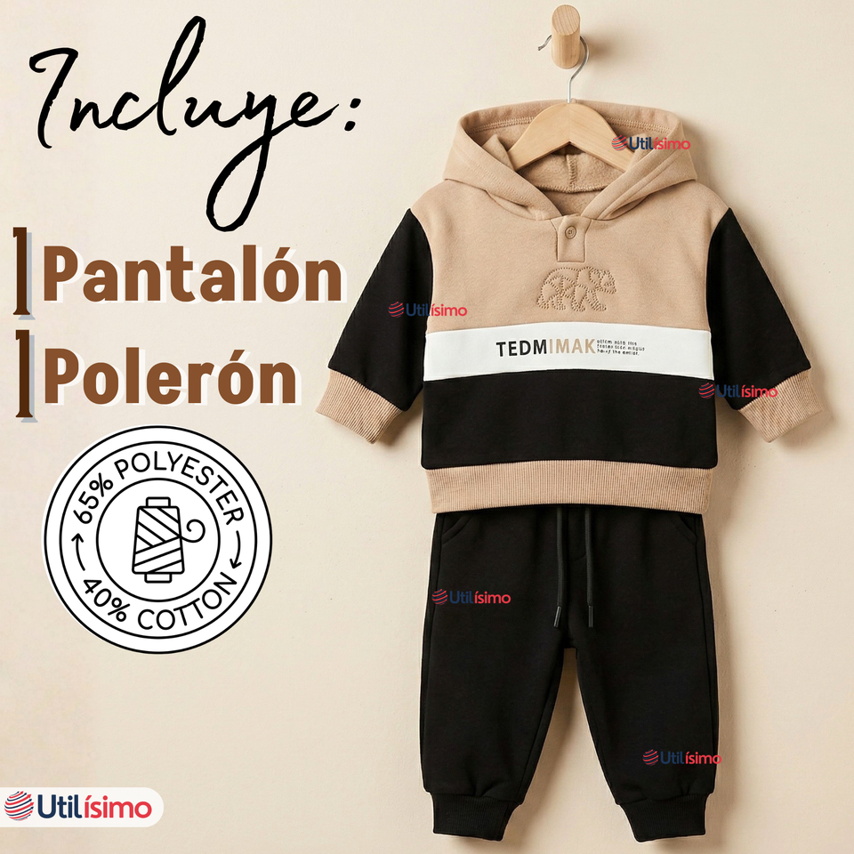 Conjunto 2 Piezas Buzo Pantalón Y Polerón Con Capucha Negro Bebé Niño