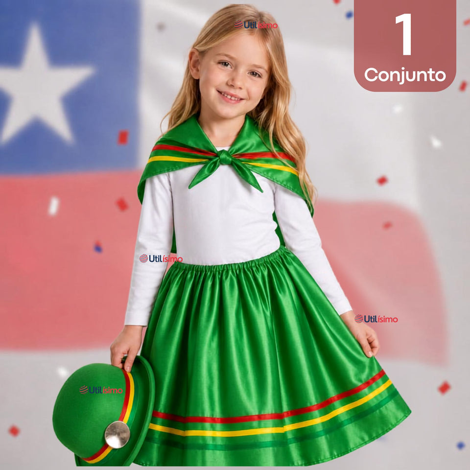 Traje Nortino Niña Verde 4 Piezas Con Polera Baile Típico Fiestas Patrias