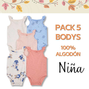 Pack 5 Bodys Niña Manga Corta Tedmimak 100% Algodón Blanco Flores