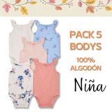 Pack 5 Bodys Niña Manga Corta Tedmimak 100% Algodón Blanco Flores