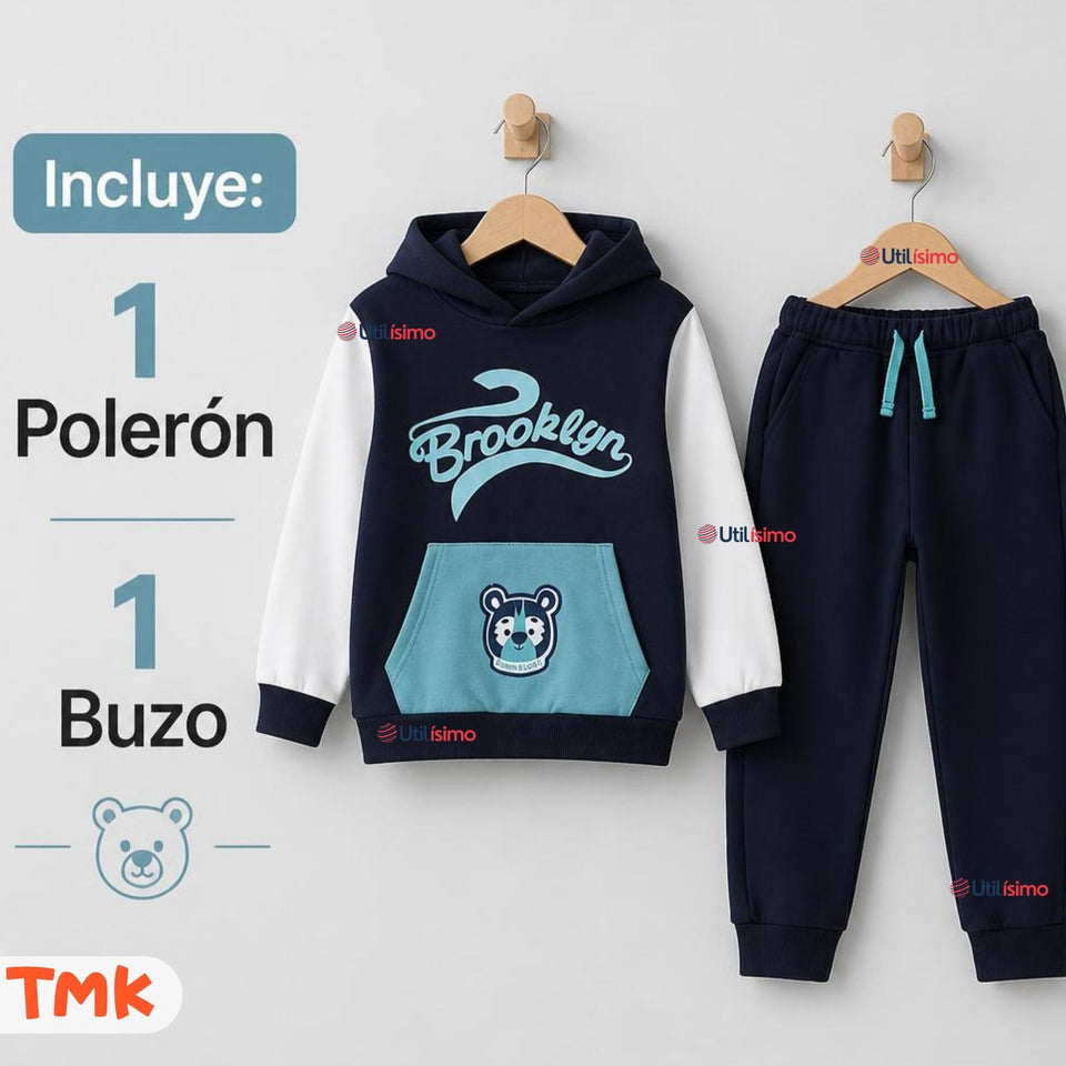 Conjunto 2 Piezas Polerón y Buzo 100% Algodón Tedmimak Niño Brooklyn Blue