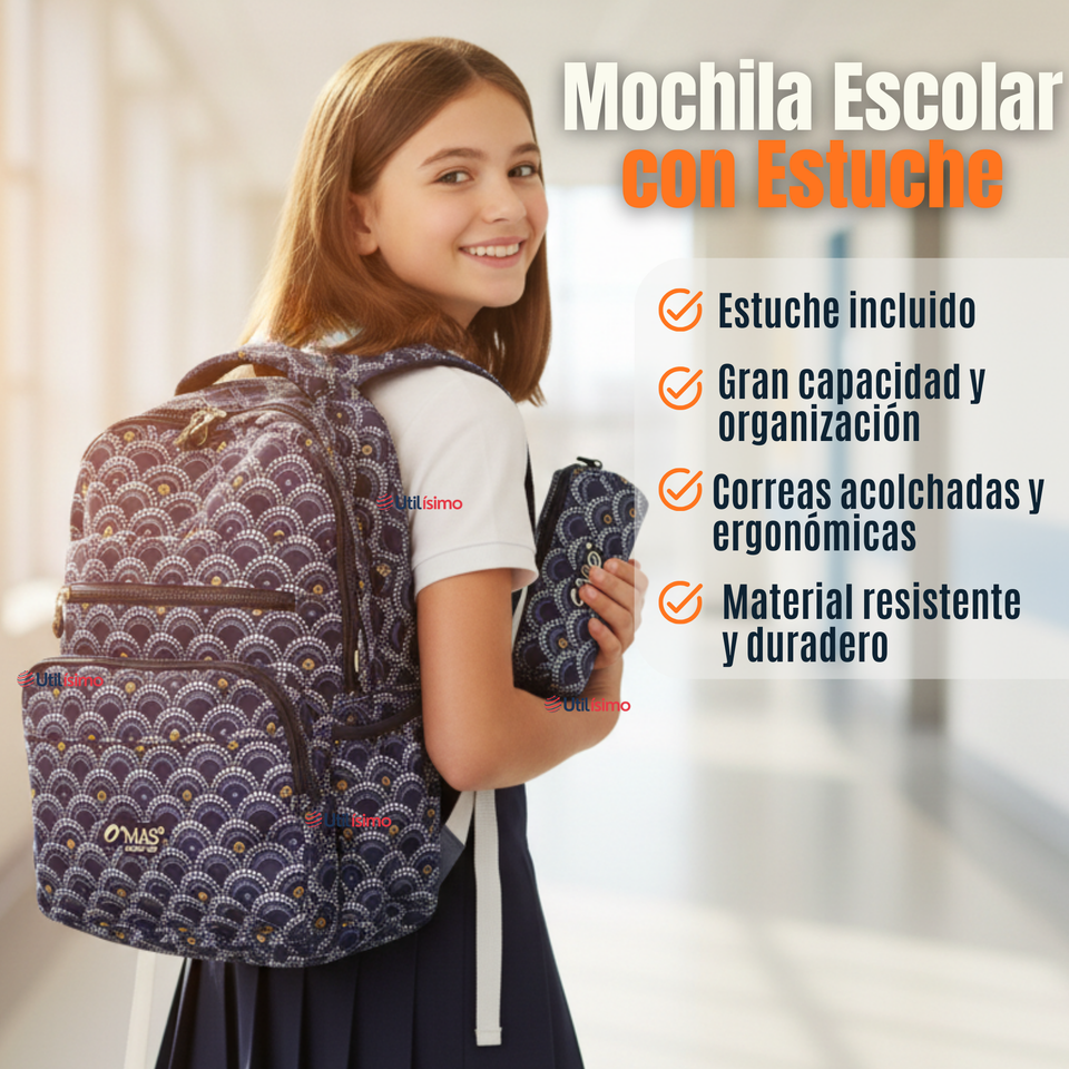 Mochila Escolar Con Estuche 46cm Poliéster Impermeable Niña Juvenil