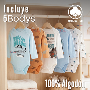 Pack 5 Bodys Manga Larga 100% Algodón Bebé Niño Dino Aventure