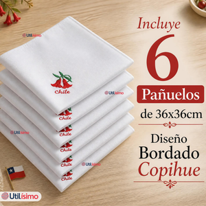 Pack 6 Pañuelos Baile Cueca 36cm Bordado Flor Copihue Algodón Fiestas Patrias