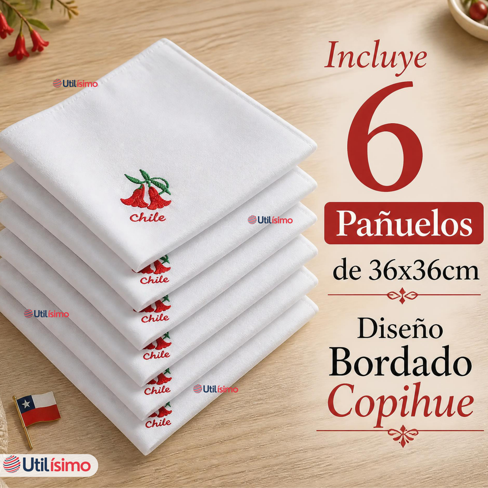 Pack 6 Pañuelos Baile Cueca 36cm Bordado Flor Copihue Algodón Fiestas Patrias