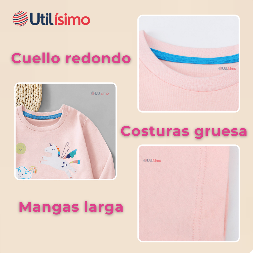 Polera Manga Larga Niña 100% Algodón Dinosauro Unicornio Rosado Camiseta
