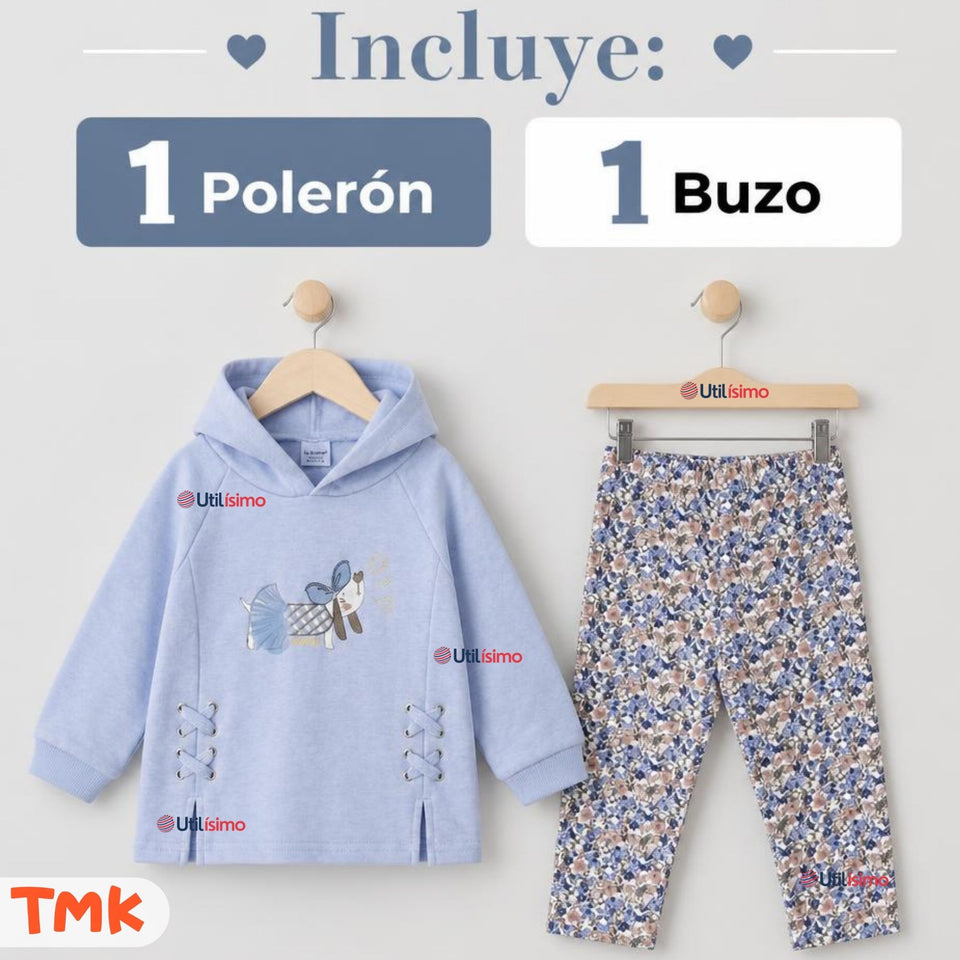 Conjunto 2 Piezas Polerón y Pantalón Buzo 100% Algodón Bebé Niña Tedmimak Blue girl