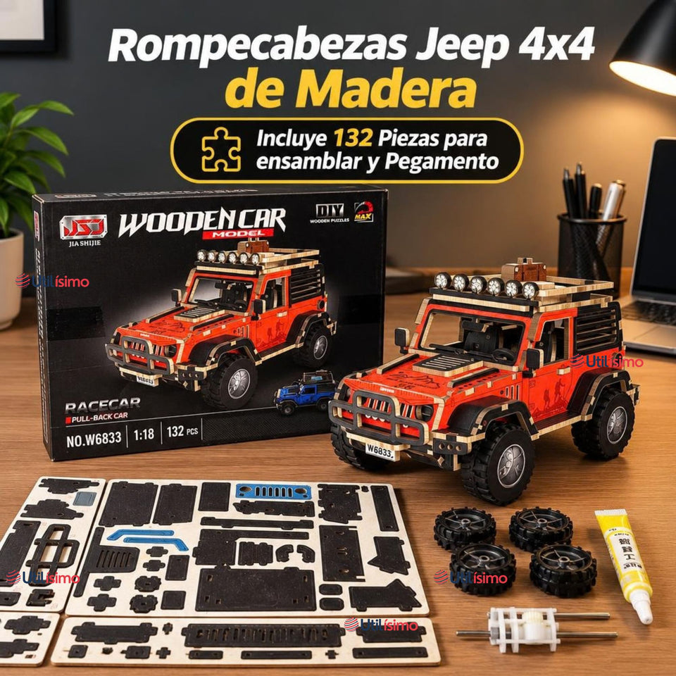 Puzzle 3D Jeep 4x4 Rojo de Madera 132 Piezas Juguete Armable