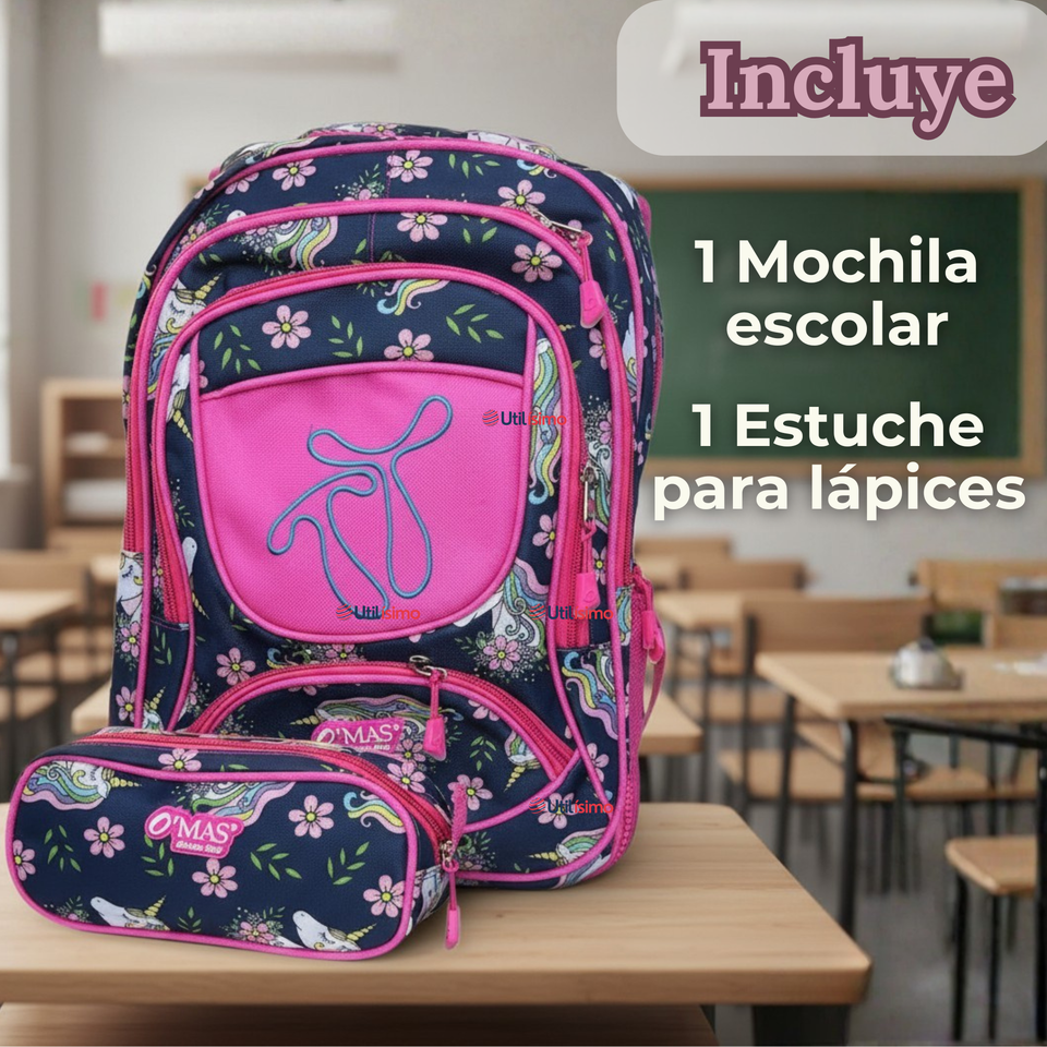 Mochila Escolar Con Estuche 43cm Tela Oxford Impermeable Niña