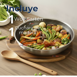 Sartén Acero Inoxidable Antiadherente 24cm +Cuchara de Madera de Bambú