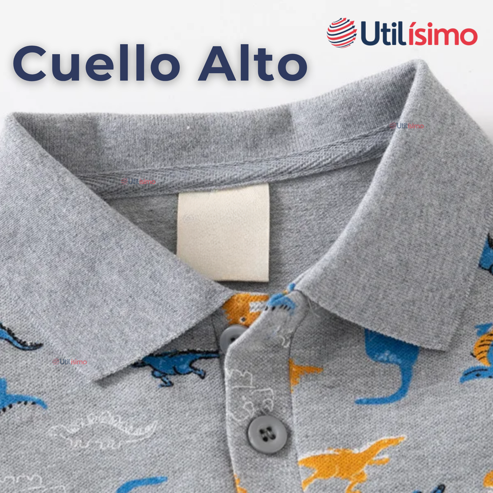 Polera Piqué Manga Larga Niño con Estampado de Dinosaurios Gris