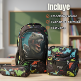 Mochila Escolar Kit Con Estuche y Lonchera 43cm Tela Oxford Dino Niño