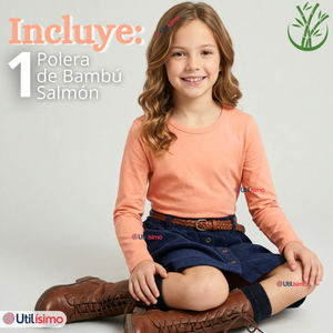Camiseta Polera Bambú Cuello Redondo Salmón Primera Capa Manga Larga Niña