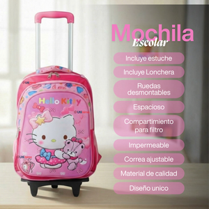 Mochila Escolar Hello Kitty Teddy Con Ruedas Desmontables + Estuche + Lonchera Niña Poliéster