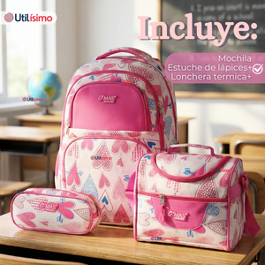 Mochila Escolar + Estuche + Lonchera 43cm Tela Oxford Rosa Corazones Niña