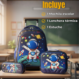 Mochila Escolar Con Ruedas + Estuche + Lonchera Poliéster Astronauta Niño