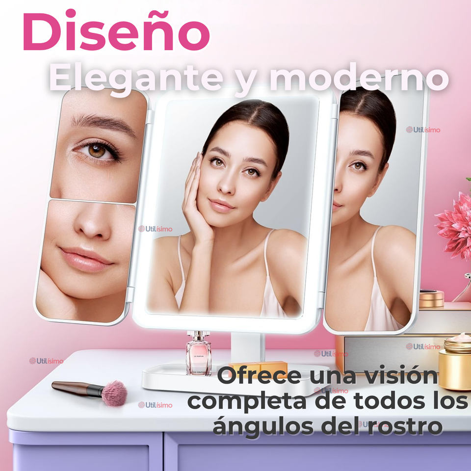 Espejo De Maquillaje Tri Plegable Con Luces LED Recargable