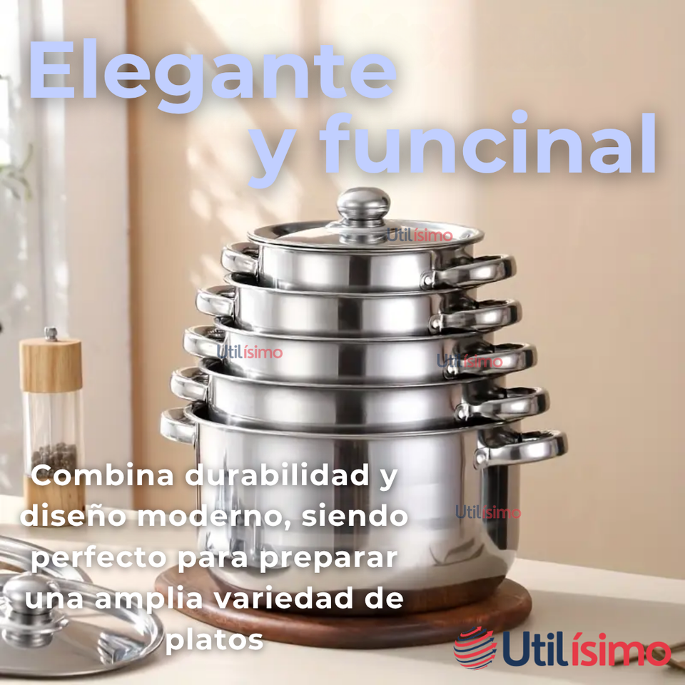 Mini Batería de Cocina 10 Piezas de Acero Inoxidable con Tapa de Vidrio Templado