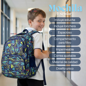 Mochila Bolso Escolar + Lonchera + Estuche 45Cm Niño Tela Oxford Blue Dinosaur