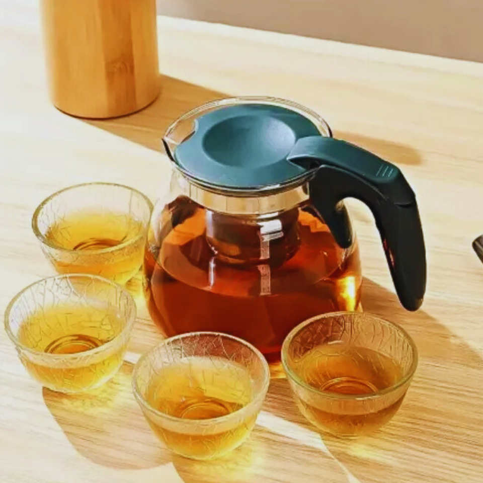 Set Tetera De Vidrio Infusión Té Con Filtro Acero Incluye 4 Tazas