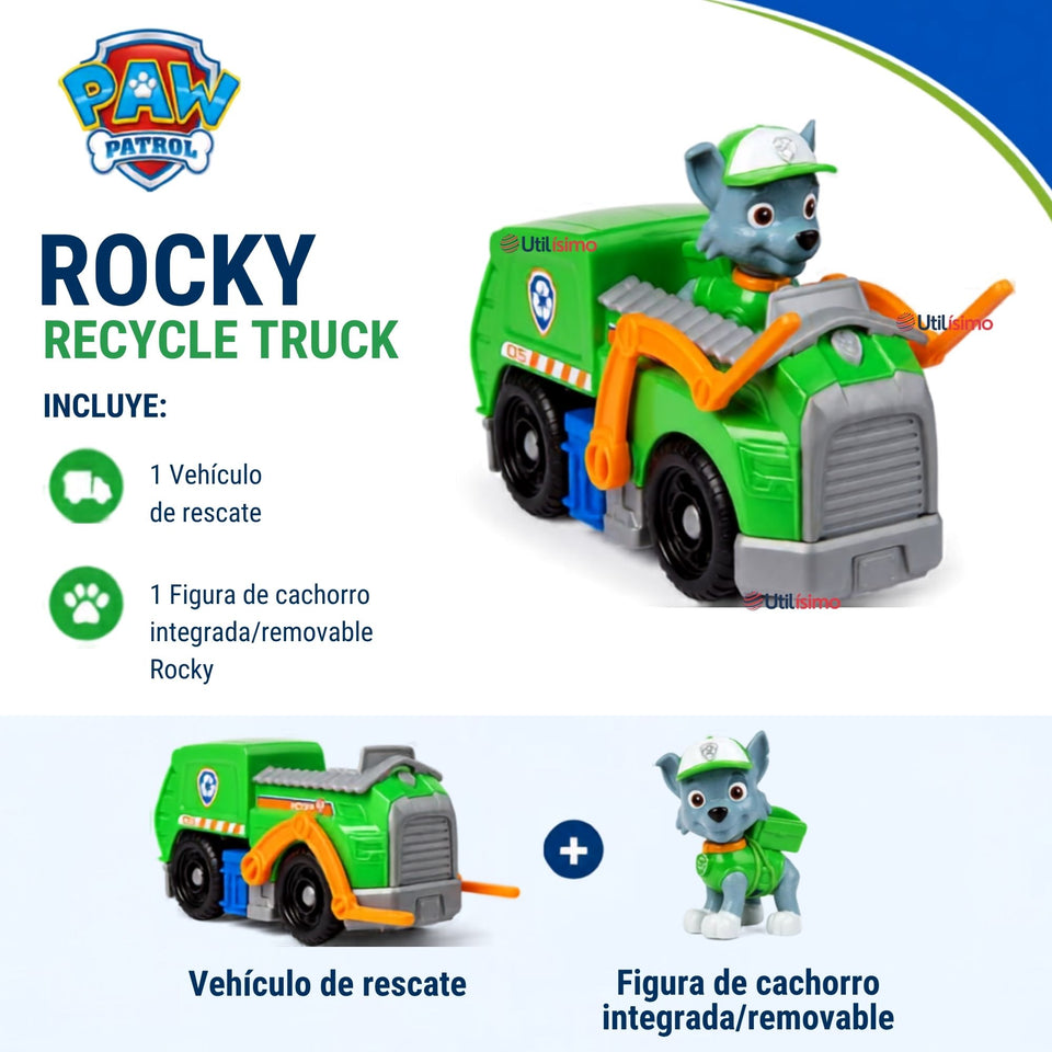 Paw Patrol Camión de reciclaje Rocky con Figura Juguete Niño