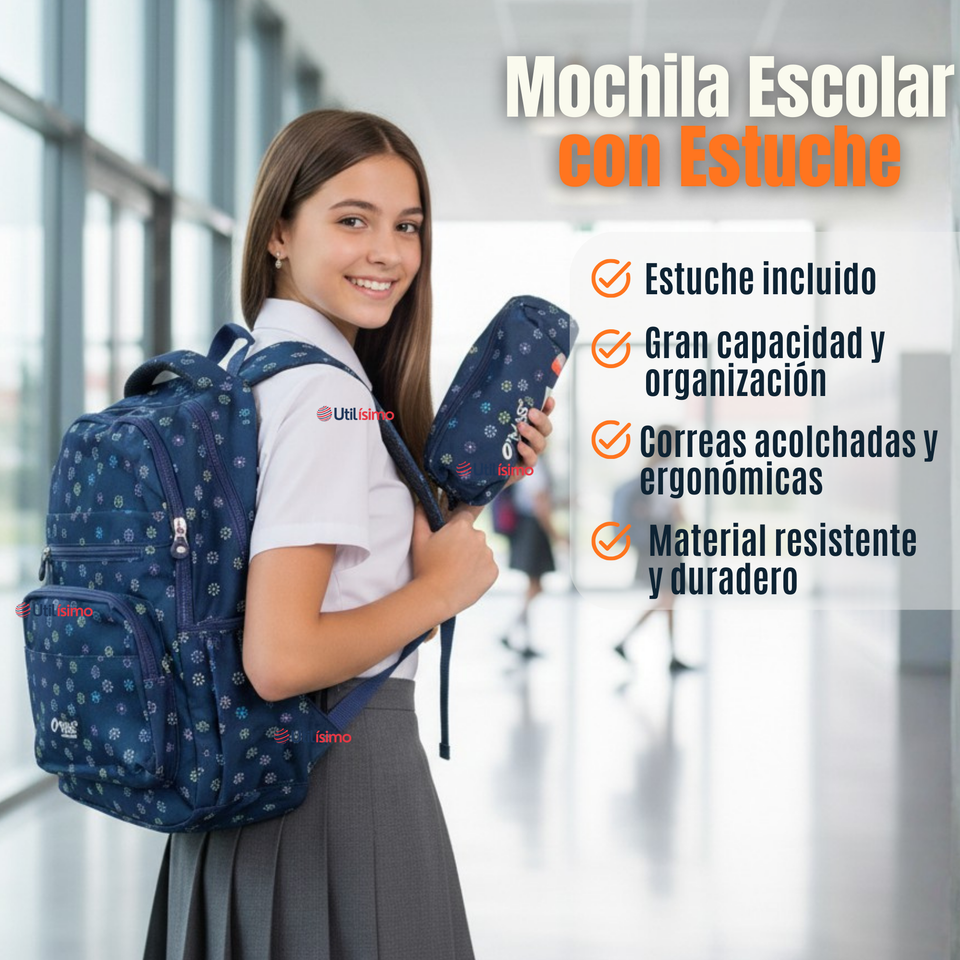 Mochila Escolar Con Estuche 46cm Poliéster Impermeable Niña Juvenil