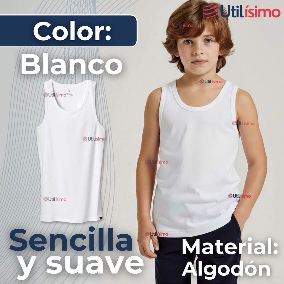 Camiseta Sin Manga Básica Suave 100% Algodón Blanco Juvenil