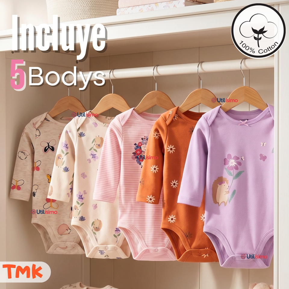 Pack 5 Bodys Manga Larga 100% Algodón Tedmimak Pink Blossom Bebé Niña