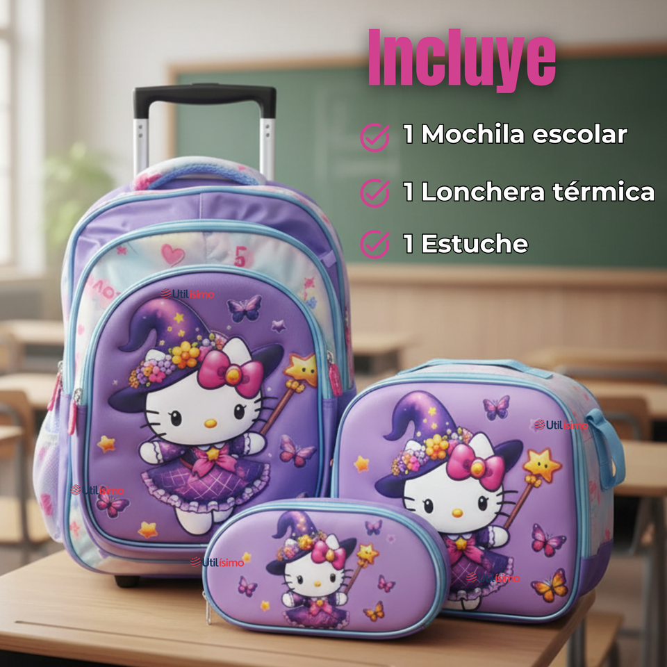 Mochila Hello Kitty Escolar Con Ruedas + Estuche + Lonchera Desmontable Poliéster Lila Niña