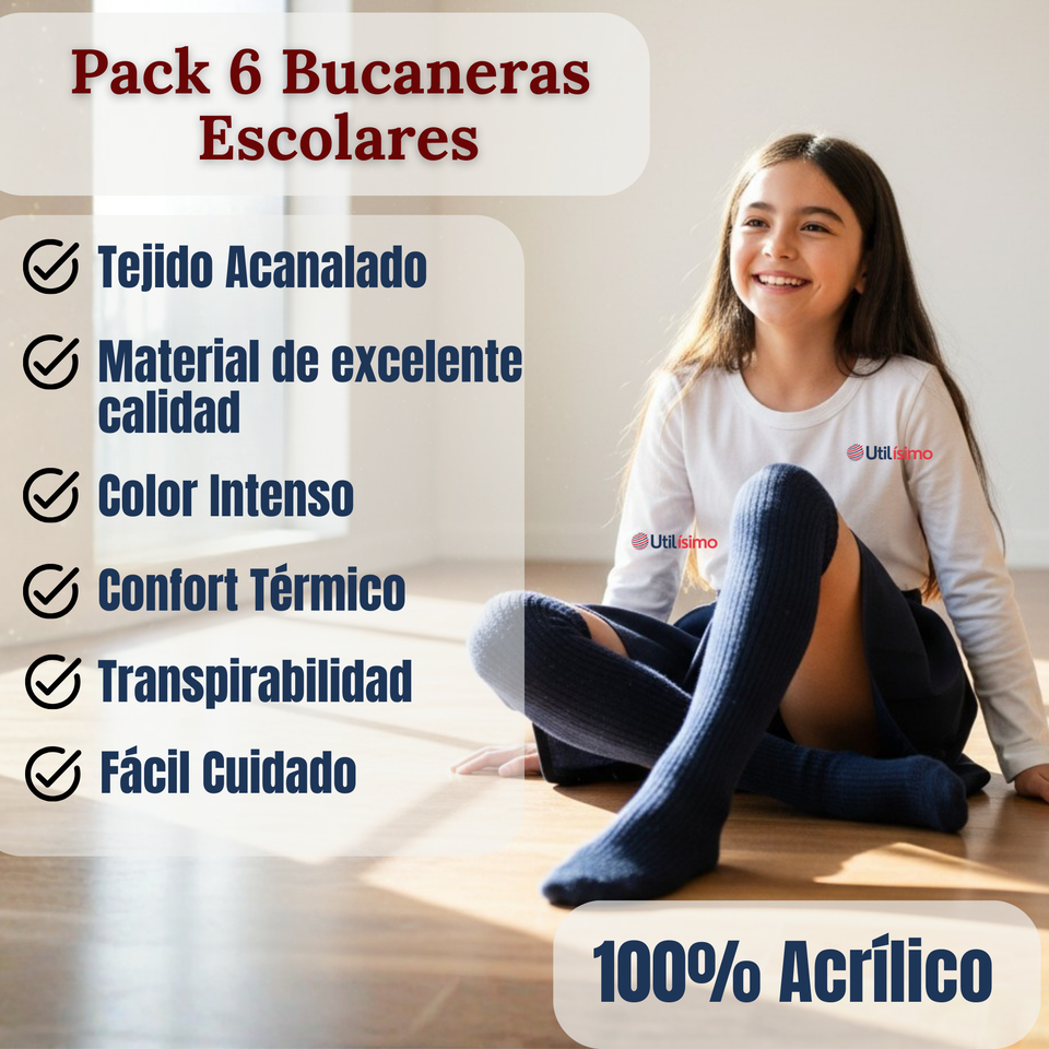Pack 6 Bucaneras Escolares Calcetines Acrílico Azul Premium Niña y Juvenil