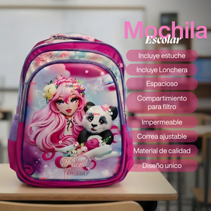Mochila Bolso Escolar Diseño 3D + Estuche + Lonchera 40Cm Niña Tela Oxford Friends Forever