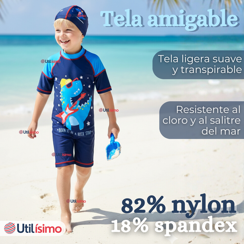 Traje de Baño Enterito Cremallera Manga Corta Con Gorro Niño 2 a 4 años Blue Dinosaur
