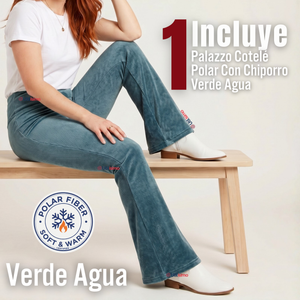 Pantalón Cotelé Palazzo Polar Con Chiporro Elasticado Térmico Verde Agua