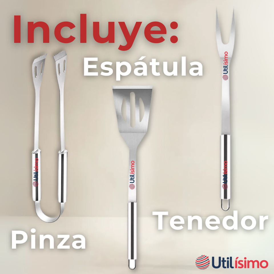 Kit Parrillero 3 Piezas Pinza Espátula Tenedor Para Asados Acero Inoxidable