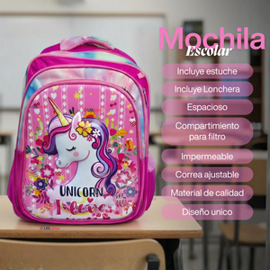 Mochila Bolso Escolar Diseño 3D + Estuche + Lonchera 40Cm Niña Tela Oxford Unicorn Love