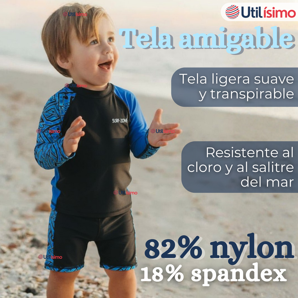 Traje de Baño Manga Larga Pantalón Corto 2 Piezas Corte Split Niño 3 a 11 años Black