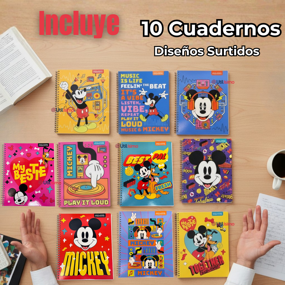 Pack 10 Cuadernos Universitarios Mickey Mouse Proarte 7mm 100 Hojas Diseños Surtidos