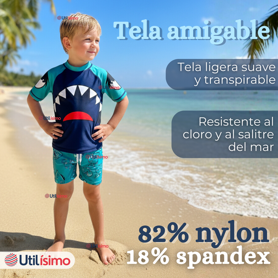 Traje de Baño Con Gorro Pantalón Corto Manga Corta 3 Piezas Corte Split Niño 2 a 8 años Blue Shark