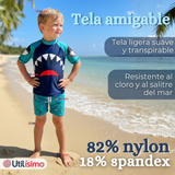 Traje de Baño Con Gorro Pantalón Corto Manga Corta 3 Piezas Corte Split Niño 2 a 8 años Blue Shark